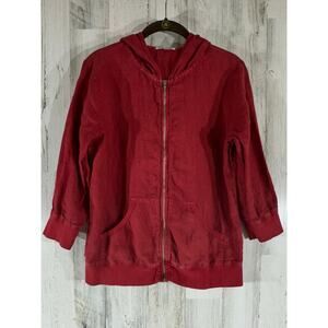 Russ Berens Malibu Zip Front Hoodie Size Medium Brick Red 100% Linen 3/4 Sleeves